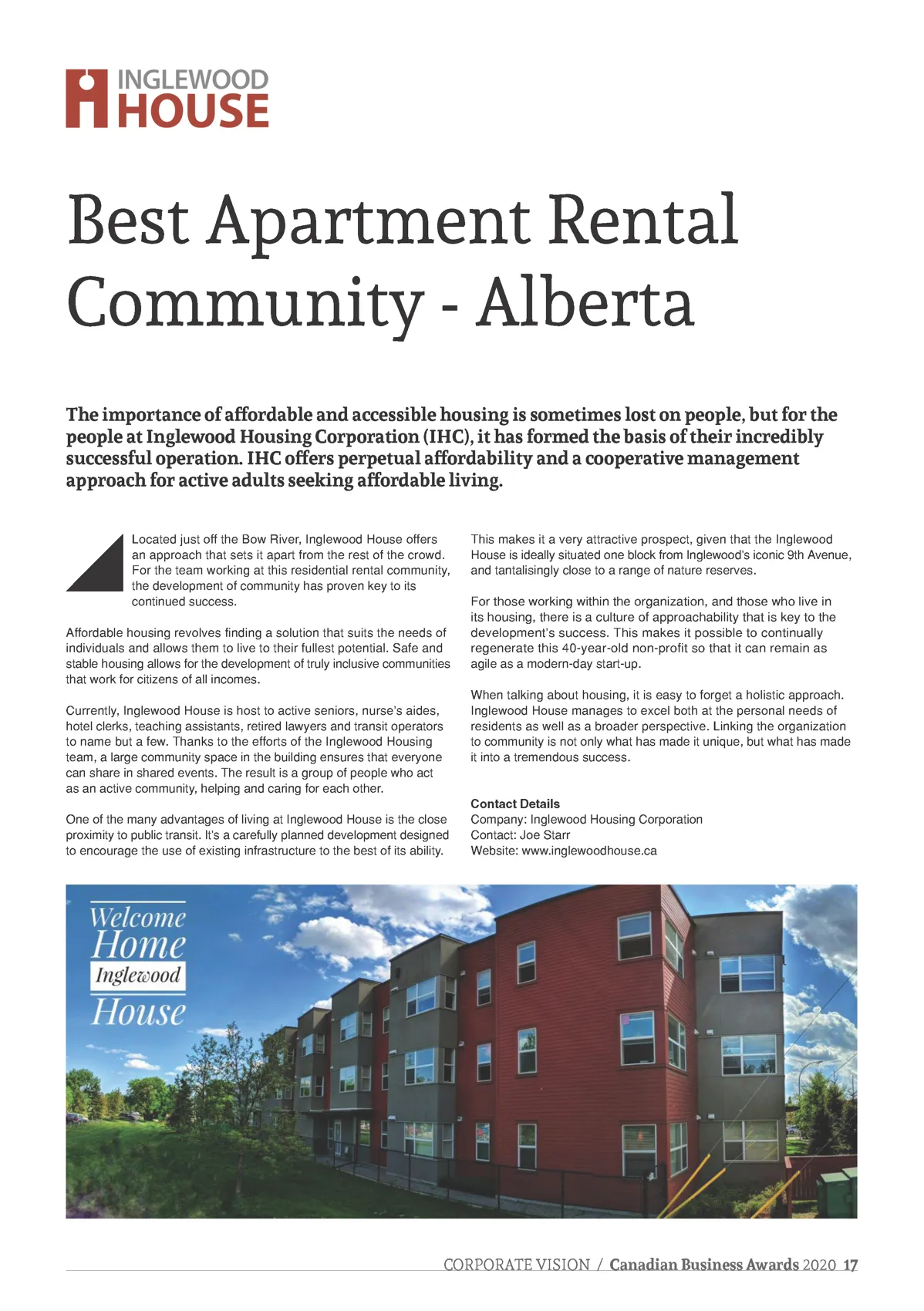 Certificate from the Canadian Business Awards 2020 naming Inglewood House the Best Apartment Rental Community – Alberta